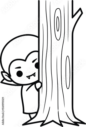 A cartoon vampire peeking from behind a tree with a sly look on his face