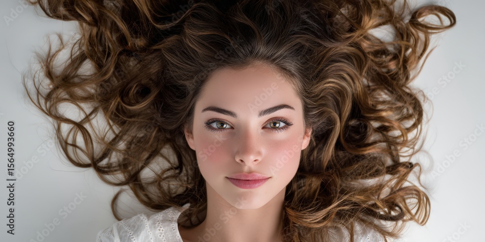 Fototapeta premium Stunning woman with long, curly brown hair. Perfect for beauty, haircare, and fashion. Ideal for websites, magazines, and advertising.