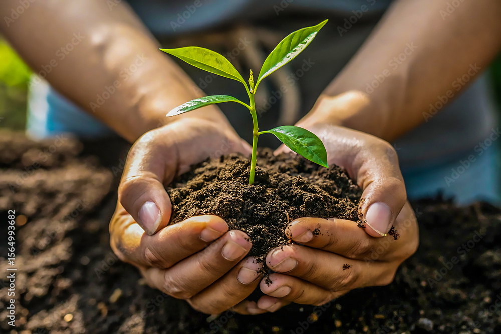 Fototapeta premium Hands Holding Soil with Young Green Seedling for Environmental Care