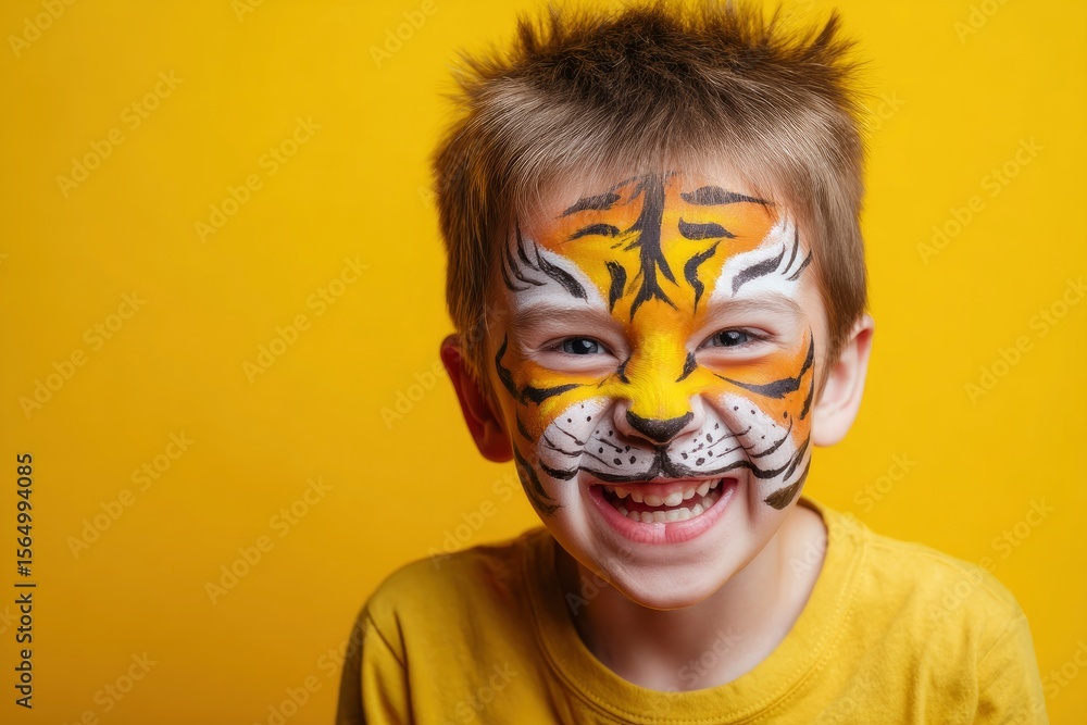 Smiling child with tiger face paint against a yellow background Smiling child with tiger face paint against a yellow background