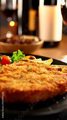 Crispy breaded cutlet served on a black plate alongside cherry tomatoes, lettuce, and french fries, with wine bottles in the blurred background