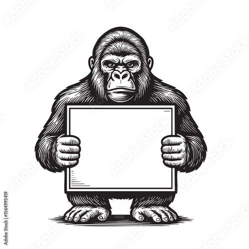 Vector of powerful outline illustration of a gorilla holding a blank rectangular sign, suitable for various messages.