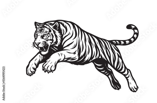 Dynamic black and white vector illustration of a powerful tiger in mid-leap, showcasing its strength and stripes