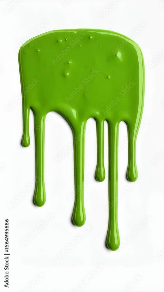 Vibrant green paint dripping down with glossy texture against a clean, bright white background in a close-up studio shot. Vibrant green paint dripping down with glossy texture against a clean, bright white background in a close-up studio shot.
