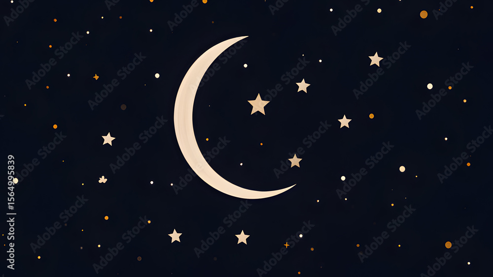 Naklejka premium Minimalist Crescent Moon in Pitch-Black Sky with Faint Star Clusters Modern Vector Desig