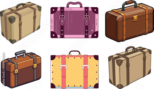 Vintage Leather Suitcase Vector Set – 3D Travel Icons Collection. 
