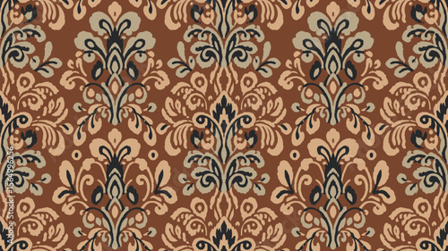 Elegant ornamental wallpaper displays a beautiful, floral arabesque pattern in shades of brown, black and beige, creating a sophisticated design.