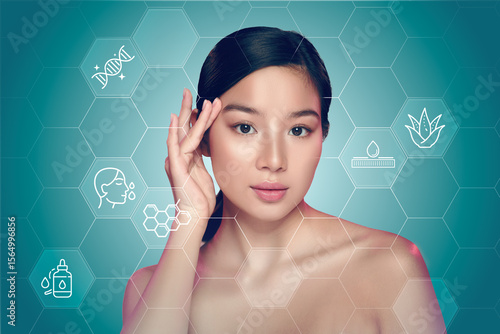 Slika na platnu Young woman exploring skincare benefits with a focus on beauty and wellness in a