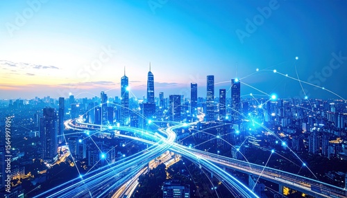 Luminous city skyline at dusk with bright connected nodes over glowing trails