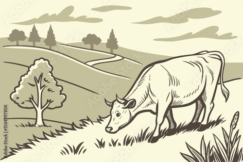 Domestic Cow Standing in Green Pasture Under Natural Daylight