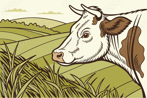 Domestic Cow Standing in Green Pasture Under Natural Daylight