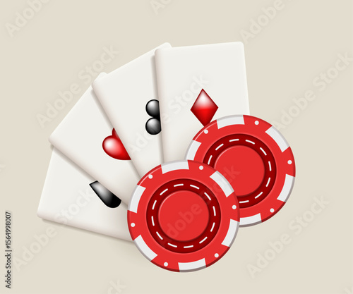 Playing cards and chips. Casino illustration. Vector 3d illustration