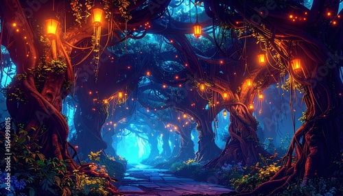 Illuminated forest path, old trees, stone path, lit by lanterns. Magic glow at path's end