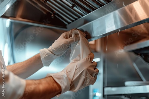 High Resolution Image of Closeup of Male Hands in Rubber Gloves Cleaning Extractor Hood