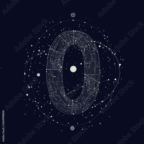 Abstract zero digit formed by interconnected celestial bodies and orbit lines in starry space digital wireframe vector design on dark background