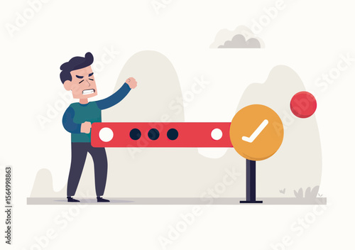 Angry man pushing red dissatisfaction rating bar with check mark symbol flat vector illustration of negative feedback concept