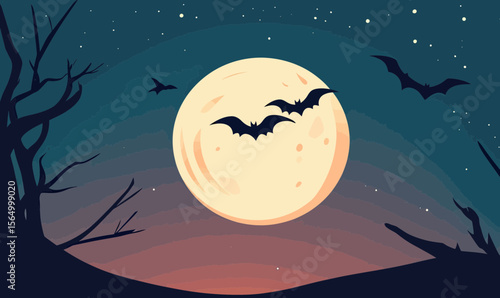 Full moon night sky with flying bats silhouette spooky Halloween scene dark tree branches dusk background vector art illustration