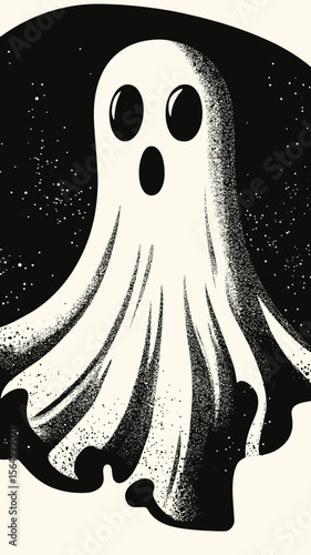 Minimalist flat vector illustration of spooky ghost with black eyes and mouth in dark starry background for Halloween or paranormal theme design