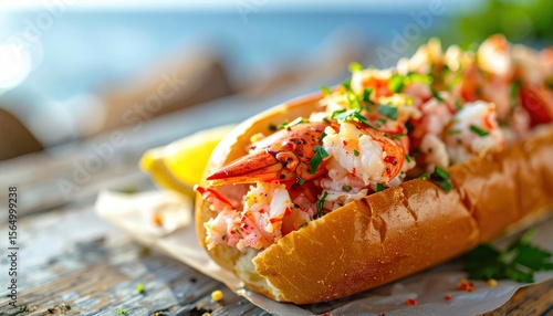 Lobster roll with lemon and parsley, sits on wood. Sea blurred behind