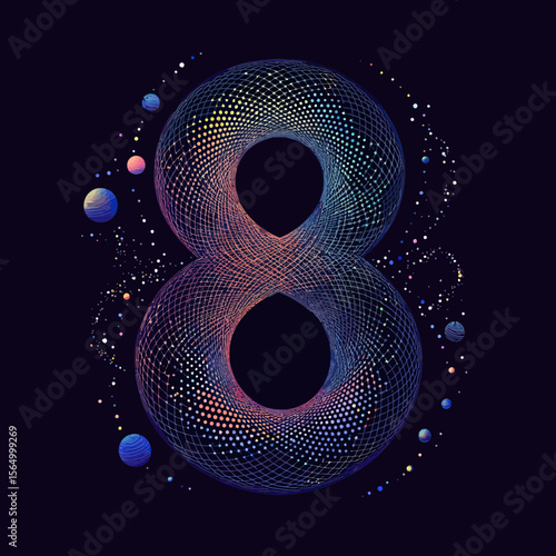 Abstract wireframe number eight with starry sky and planet elements in cosmic space digital art design for futuristic and mathematical themes