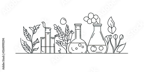 Hand drawn science laboratory glassware with plants and flowers doodle vector illustration for education biology chemistry research and experiment concepts in flat minimalist style