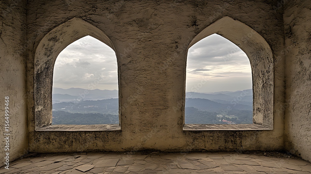 Fototapeta premium Scenic Mountain View from Ancient Stone Arch Windows