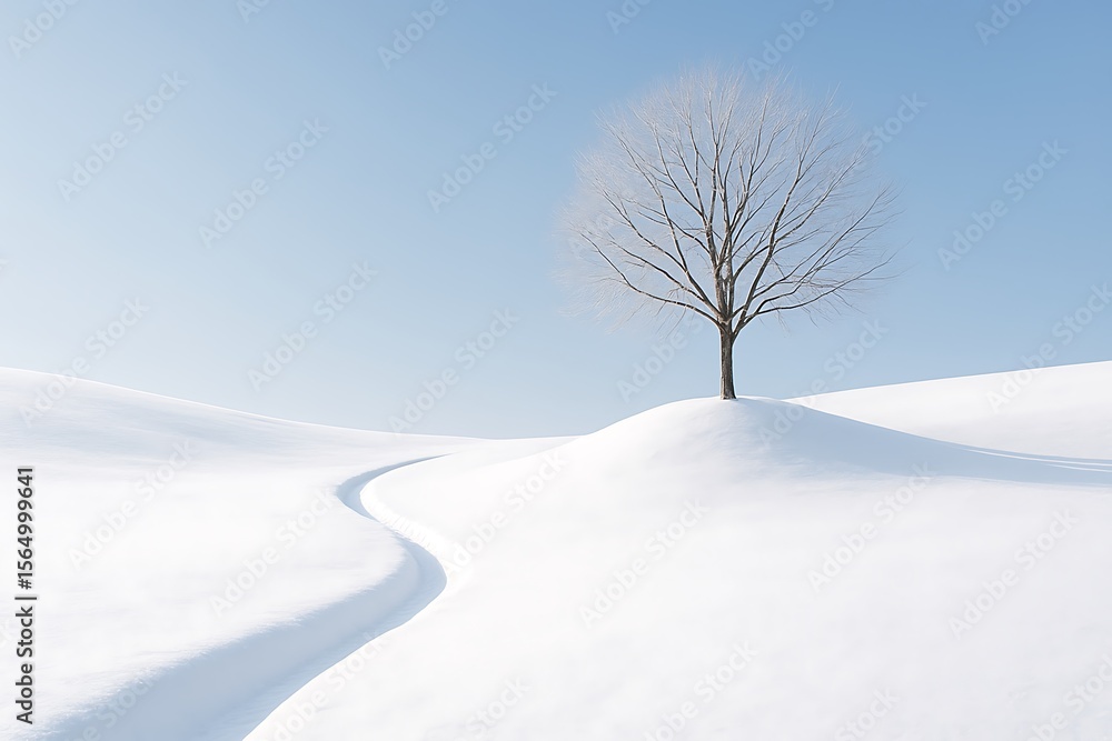 solitary tree in snowy landscape with winding track, serene winter scene solitary tree in snowy landscape with winding track, serene winter scene