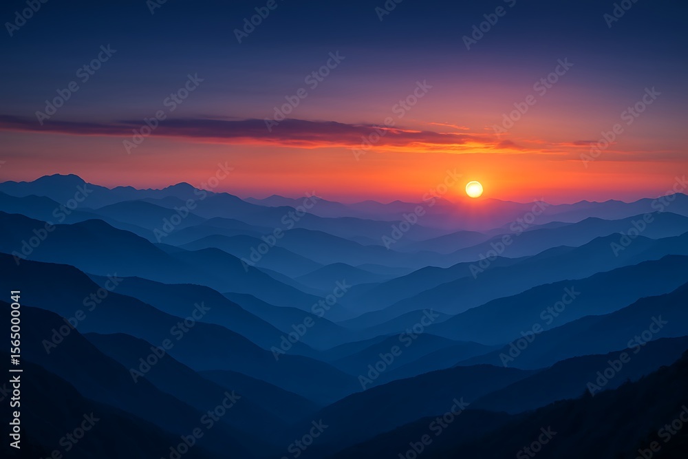Obraz premium stunning sunrise over mountain peaks, layered blue hills with a vibrant orange sky at dawn