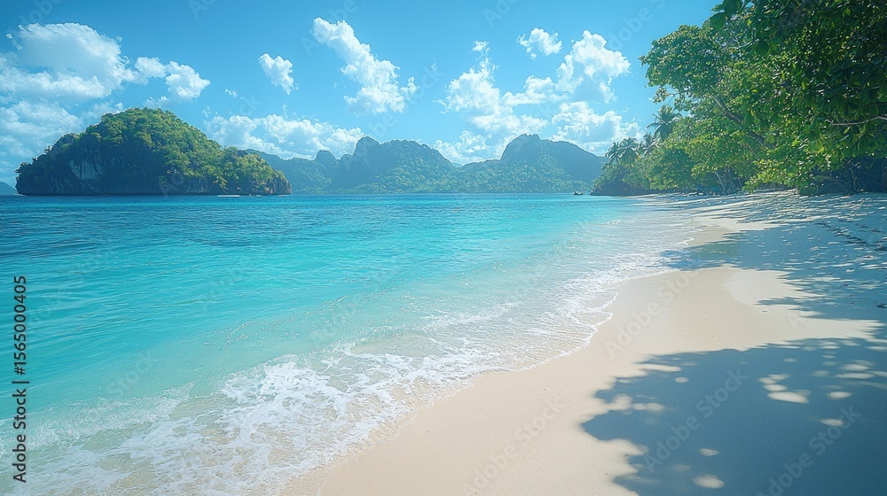 Fototapeta premium Serene tropical beach scene with turquoise water and white sand.