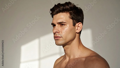 Toned man stands in sunlight, looking left