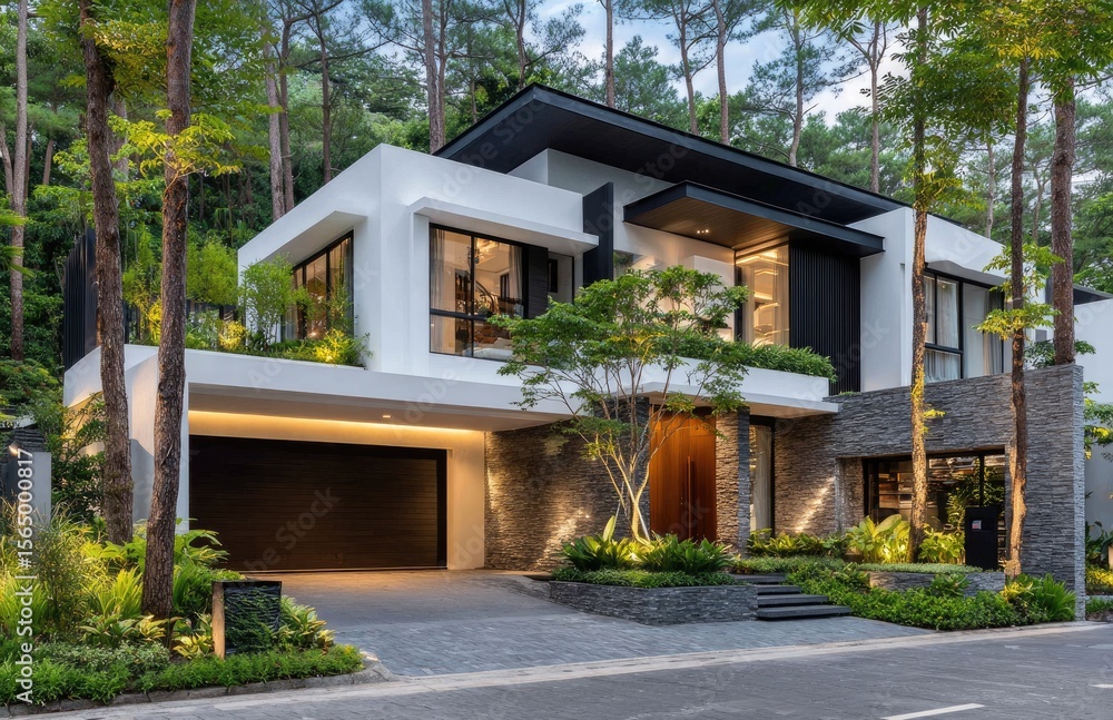 Modern minimalist style, villa exterior design in a housing estate of a sub-ordinary villas complex with lighting Modern minimalist style, villa exterior design in a housing estate of a sub-ordinary villas complex with lighting