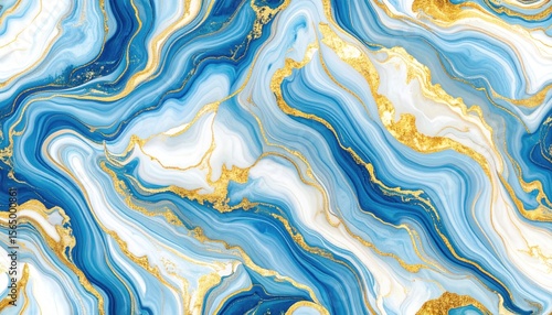 Abstract fluid art. Blue and white swirling colors with gold accents create a marbled effect