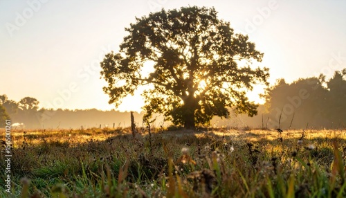Sunlight shines through a large tree in a golden field at dawn