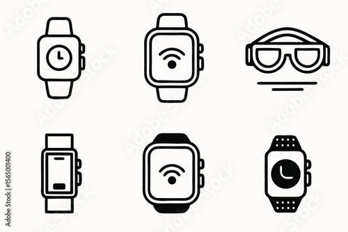 Collection of modern wearable technology icons including smartwatches and smart glasses