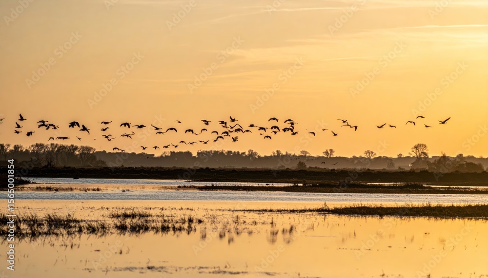 Naklejka premium Birds fly over water during golden sunset