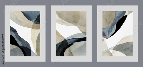 Abstract collages in modern scandinavian or nordic style, with spots merging together on watercolor posters. Collages with asymmetrical and chaotic patterns for design postcards or interior paintings