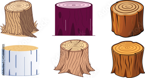 Realistic 3D Vector Tree Stump Illustration with Detailed Wood Texture and Natural Rings. 