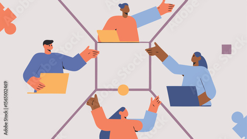 Illustrated depiction of four diverse individuals collaborating around a central square with laptops and gestures