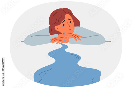 Woman cries, experiencing stress and apathy after breaking up with boyfriend, lying on desk, near puddle of tears. Depressed girl cries and needs psychological support after losing position in company