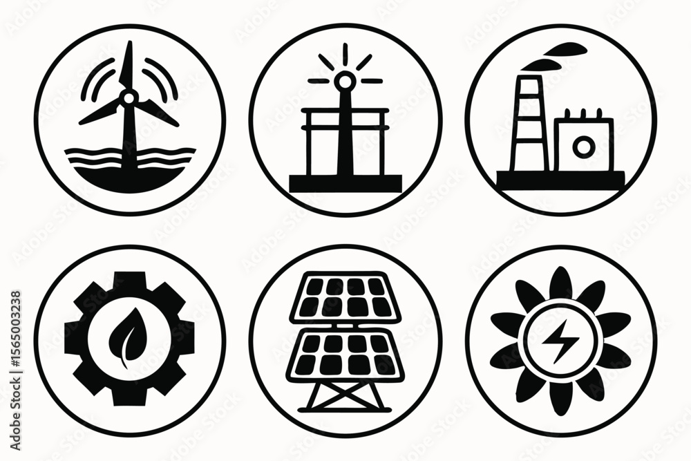 Naklejka premium Set of six circular icons representing different types of renewable energy and power generation