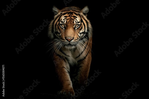 Striking portrait of a tiger walking forward from darkness
