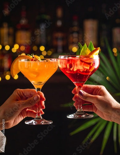 Two hands toast with red-orange cocktails in vintage stem glasses, garnished with citrus and tropical leaves in a dimly lit bar setting.