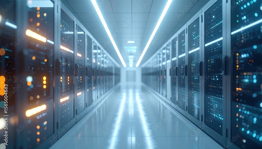 Fototapeta premium Server room hallway, glowing lights reflecting off floor. Modern, data center