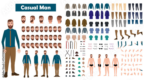 causal man Cartoon 2d man character constructor sets for full body and head rigging and outfits design vector