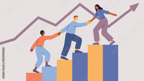 Three people helping each other climb up bar graph with an upward trend line in the background