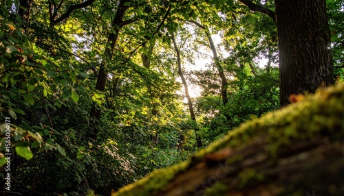 Sunlight filters through dense, green forest canopy with a mossy log in the foreground