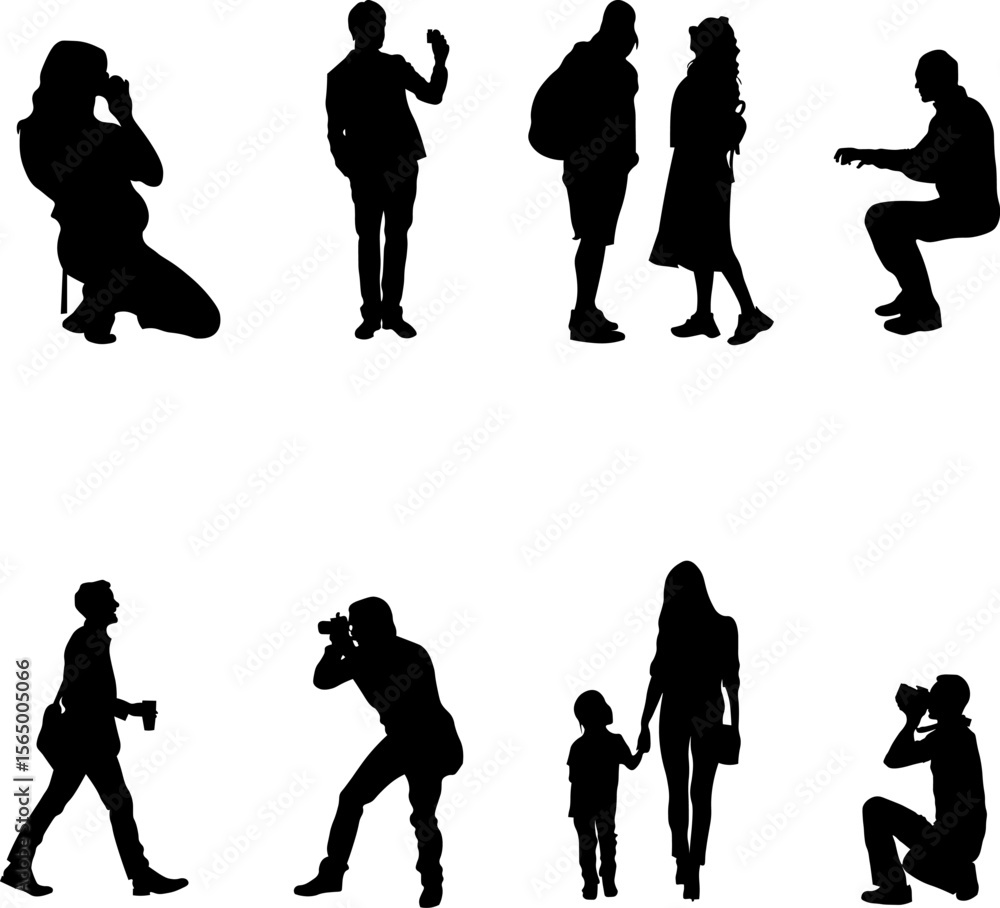 Obraz premium Silhouettes of people in various standing, walking, and photography poses, including family figures, perfect for infographics, architectural visualization, and urban design projects.