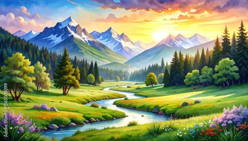 Vibrant landscape painting of mountains, river, meadow, and forest bathed in warm sunset light