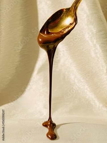 Golden Melting Chocolate Spoon on Creamy Fabric