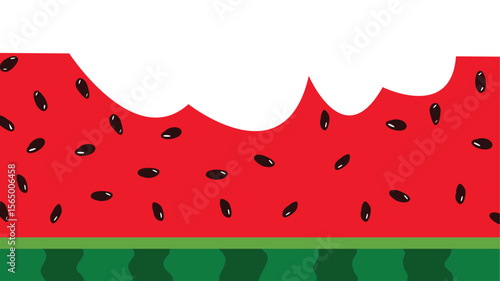 Flat vector Illustration of a bitten watermelon slice with green rind and seeds on white background